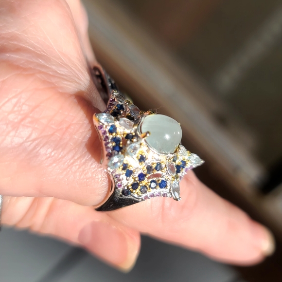 INCREDIBLE Aquamarine Sapphire & Amethyst Sterling Spiderweb 🕸 ring sz8.5 - Picture 11 of 13